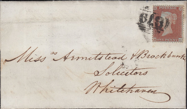 125511 1854 1D ARCHER PL.101 EXPERIMENTAL PERFORATION (SG16b)(MC) ON COVER USED WIGTON (CUMBRIA) TO WHITEHAVEN.