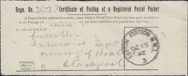 125513 1942 'EUSTON STATION M.W.1/3' DATE STAMP ON CERTIFICATE OF POSTING LABEL.
