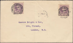 125520 1906 MAIL BRIDLINGTON TO LONDON WITH ½D MAUVE CUTOUTS AND 'BRIDLINGTON/STATION.OFFICE' DATE STAMPS.