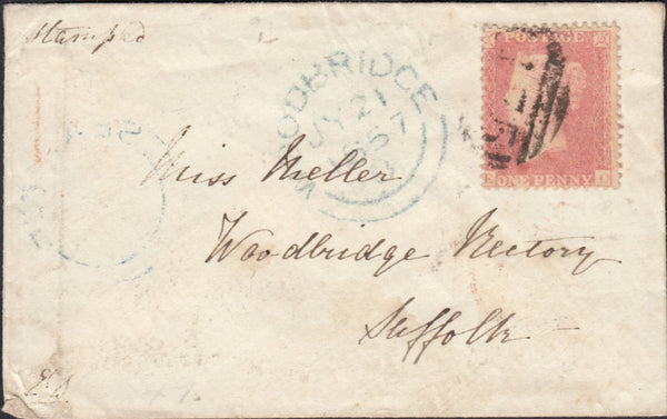 125539 1857 DIE 2 1D PL.49 PALE ROSE ON TRANSITIONAL PAPER (SPEC C9(4)(EC) ON COVER LOUGHBOROUGH TO SUFFOLK.