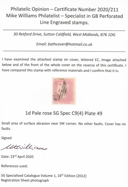 125539 1857 DIE 2 1D PL.49 PALE ROSE ON TRANSITIONAL PAPER (SPEC C9(4)(EC) ON COVER LOUGHBOROUGH TO SUFFOLK.