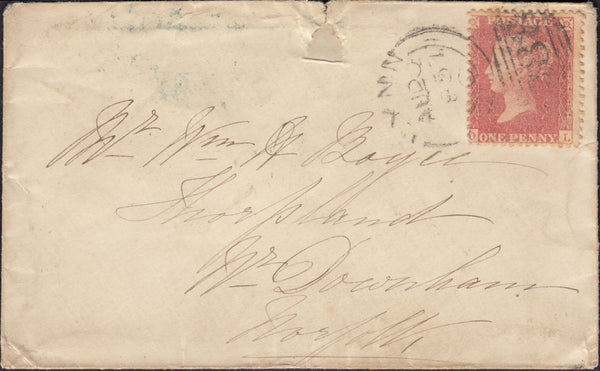 125541 1857 DIE 2 1D PL.49 PALE ROSE ON TRANSITIONAL PAPER (SPEC C9(4)(DL) ON COVER KINGS LYNN TO NORFOLK.