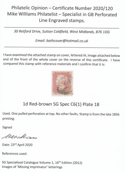 125559 1855 DIE 2 1D PL.18 L.C.14 (SPEC C6)(IA) ON COVER LONDON TO SURREY/MISSING IMPRIMATUR LETTERING.