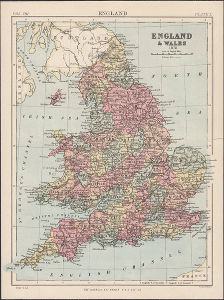 125574 1889 MAP OF ENGLAND AND WALES, EX ENCYCLOPAEDIA BRITANNICA.