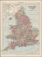 125574 1889 MAP OF ENGLAND AND WALES, EX ENCYCLOPAEDIA BRITANNICA.