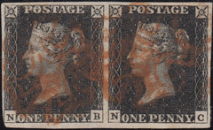 125612 1840 1D BLACK PL.6 (SG2) HORIZONTAL PAIR LETTERED NB NC IN STATE 2 OF THE PLATE (SPEC AS42).