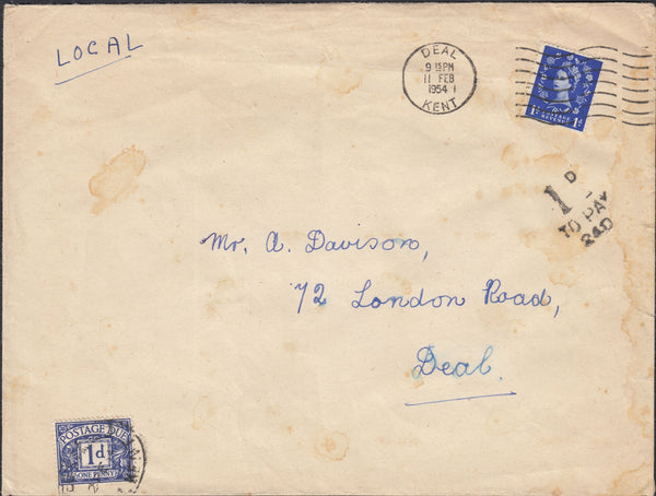 125620 1954 UNDERPAID MAIL USED LOCALLY IN DEAL (KENT).