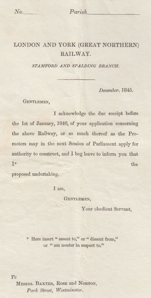 125628 1845 PRINTED APPLICATION FOR PARLIAMENTARY ACT TO CONSTRUCT 'STAMFORD AND SPALDING BRANCH' RAILWAY.