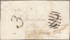125705 1824 MAIL KENSINGTON TO LINCOLNS INN WITH VARIOUS CHARGE MARKS AND UNFRAMED 'M S' LONDON TWOPENNY POST MISSORTED HAND STAMP (L563a?).