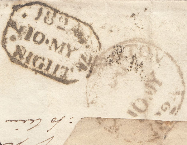 125705 1824 MAIL KENSINGTON TO LINCOLNS INN WITH VARIOUS CHARGE MARKS AND UNFRAMED 'M S' LONDON TWOPENNY POST MISSORTED HAND STAMP (L563a?).