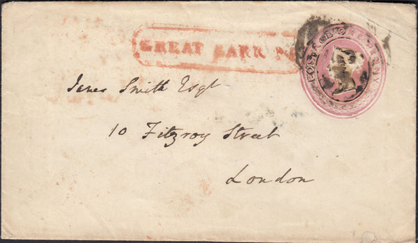 125804 1848 1D PINK ENVELOPE BIRMINGHAM TO LONDON WITH 'GREAT BARR P.P' HAND STAMP (BM285).