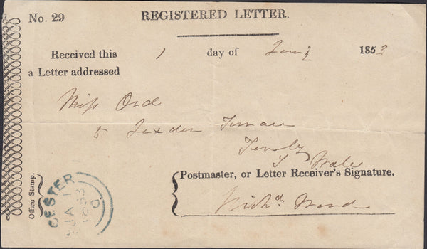 125817 1853 REGISTERED LETTER RECEIPT WITH 'LEICESTER' DATE STAMP.