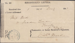 125817 1853 REGISTERED LETTER RECEIPT WITH 'LEICESTER' DATE STAMP.