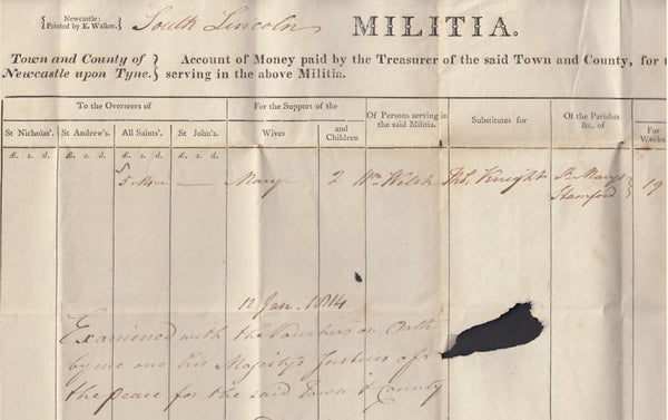 125852 1814 FINE PRINTED 'MILITIA./ACCOUNT OF MONEY...' FROM NEWCASTLE UPON TYNE TO STAMFORD.