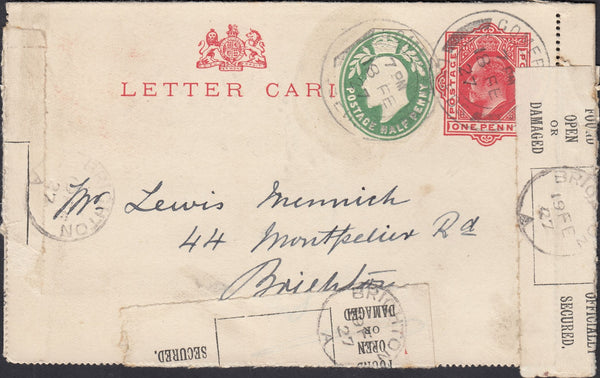 125874 1927 LETTER CARD GOMERSALL, LEEDS TO BRIGHTON WITH 'FOUND OPEN...' LABELS.