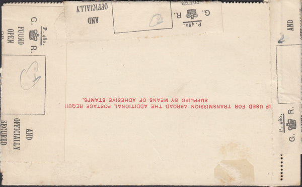 125874 1927 LETTER CARD GOMERSALL, LEEDS TO BRIGHTON WITH 'FOUND OPEN...' LABELS.