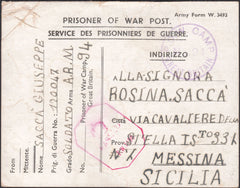125949 1944 'PRISONER OF WAR POST' FROM CAMP 'NO.94' (BILLESDON, LEICS) TO SICILY.
