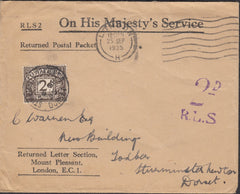 126025 1935 'ON HIS MAJESTY'S SERVICE' ENVELOPE SENT UNPAID LONDON TO TODBER, DORSET.