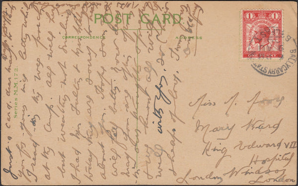 126044 1929 MAIL TO KING EDWARD VII HOSPITAL, LONDON CANCELLED 'BALLYCARRY STATION/BELFAST' DATE STAMP.