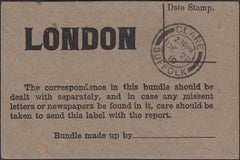 126123 1910 'LONDON' BUNDLE LABEL WITH 'CLARE/SUFFOLK' DATE STAMP.
