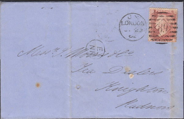 126125 1862 'E/NR' HAND STAMP OF THE GRAND NORTHERN RAILWAY ON MAIL LONDON TO RADNOR.