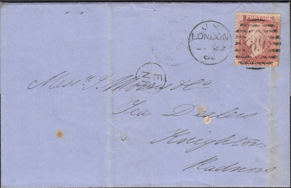 126125 1862 'E/NR' HAND STAMP OF THE GRAND NORTHERN RAILWAY ON MAIL LONDON TO RADNOR.