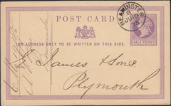 126163 1875 ½D MAUVE POST CARD BEAMINSTER TO PLYMOUTH WITH 'BEAMINSTER' DATE STAMP.