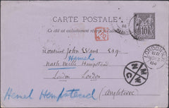 126173 1884 FRENCH 10C POST CARD TO LONDON WITH TRIANGULAR 'NW/T.P.O./M' HAND STAMP IN RED.