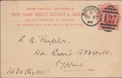 126185 1894 1D U.P.U. POST CARD BRIDPORT (DORSET) TO CYPRUS.