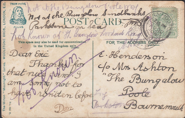 126218 1906 MAIL PLYMOUTH TO POOLE (DORSET) WITH VARIOUS MANUSCRIPT INSTRUCTIONALS.