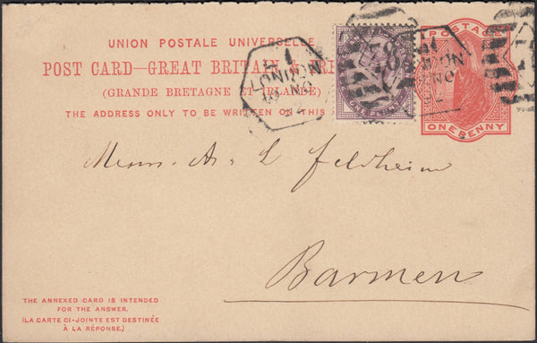 126237 1892 U.P.U. POST CARD WITH 'REPLY' CARD LONDON TO BARMEN (GERMANY) WITH LATE FEE.