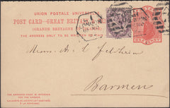 126237 1892 U.P.U. POST CARD WITH 'REPLY' CARD LONDON TO BARMEN (GERMANY) WITH LATE FEE.