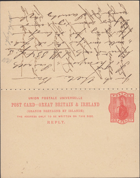 126237 1892 U.P.U. POST CARD WITH 'REPLY' CARD LONDON TO BARMEN (GERMANY) WITH LATE FEE.