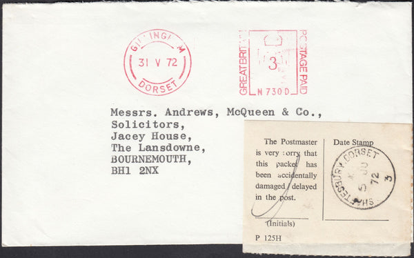 126258 1972 MAIL GILLINGHAM (DORSET) TO BOURNEMOUTH WITH '...THIS PACKET HAS BEEN ACCIDENTALLY DAMAGED/DELAYED...' LABEL.