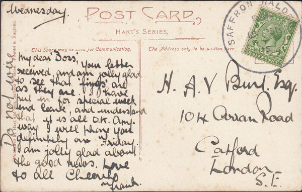 126279 1915 SAFFRON WALDEN (ESSEX) TO LONDON WITH 'SAFFRON WALDEN' SKELETON DATE STAMP.