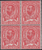 126283 1912 1D DOWNEY DIE 1B WMK CROWN ANILINE SCARLET BLOCK OF FOUR (SG333).