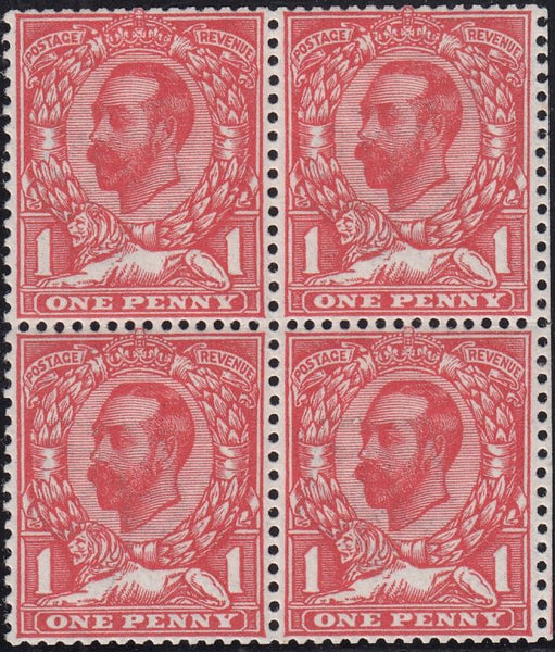 126283 1912 1D DOWNEY DIE 1B WMK CROWN ANILINE SCARLET BLOCK OF FOUR (SG333).