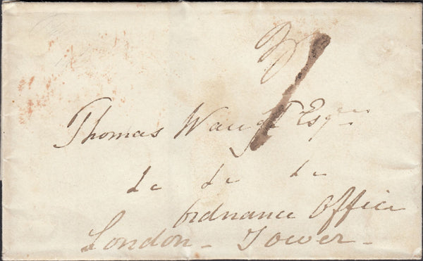 126309 1837 MAIL FROM OVERSEAS TO THE TOWER OF LONDON WITH 'SHIP LETTER/WEYMOUTH' HAND STAMP.