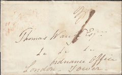 126309 1837 MAIL FROM OVERSEAS TO THE TOWER OF LONDON WITH 'SHIP LETTER/WEYMOUTH' HAND STAMP.