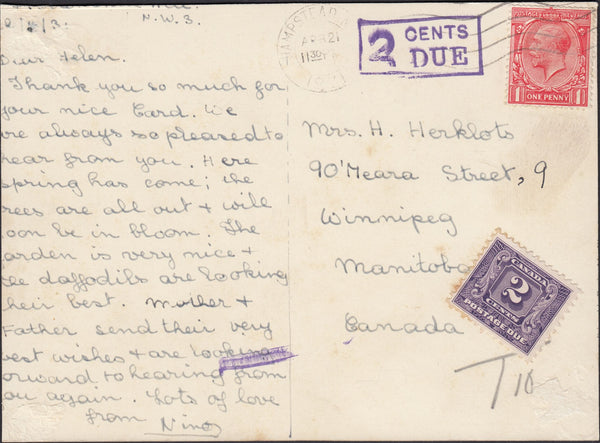 126394 1931 UNDERPAID MAIL HAMPSTEAD TO WINNIPEG, CANADA.