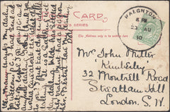126408 1910 MAIL PAIGNTON (DEVON) TO LONDON WITH 'PAIGNTON' SKELETON DATE STAMP.