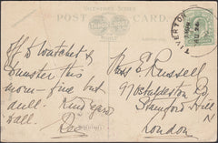 126411 1910 MAIL TIVERTON (DEVON) TO LONDON WITH 'TIVERTON' SKELETON DATE STAMP.