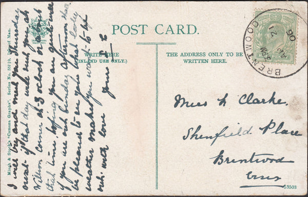 126428 1906 MAIL USED LOCALLY IN BRENTWOOD (ESSEX) WITH 'BRENTWOOD' SKELETON DATE STAMP.