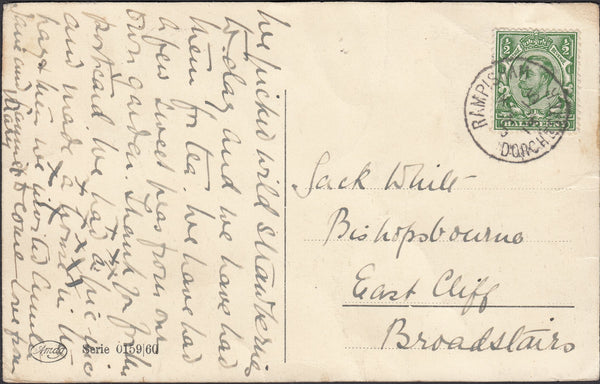 126438 1915 MAIL RAMPISHAM (DORSET) TO BROADSTAIRS (KENT) WITH 'RAMPISHAM/DORCHESTER' SINGLE RING DATE STAMP.