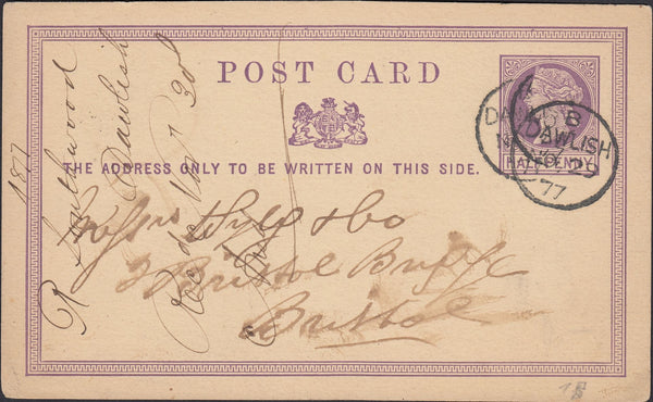 126462 1877 QV ½D MAUVE POST CARD DAWLISH TO BRISTOL WITH 'DAWLISH' DATE STAMPS.