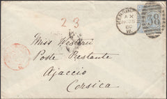 126471 1880 MAIL KENSINGTON, LONDON TO AJACCIO CORSICA WITH 2½D BLUE (SG142)(MK).