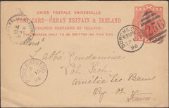 126481 1896 U.P.U. 1D RED POST CARD DORCHESTER TO FRANCE WITH 'DORCHESTER/256' DUPLEX.