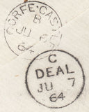 126484 1864 1D PINK ENVELOPE CORFE CASTLE TO DEAL, KENT WITH '844' NUMERAL OF CORFE CASTLE.