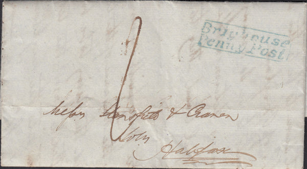 126501 1838 ENTIRE BRIGHOUSE, WEST YORKS TO HALIFAX WITH 'BRIGHOUSE/PENNY POST' HAND STAMP (YK585).