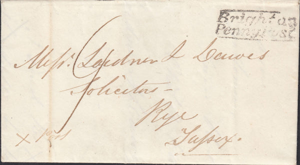 126512 1838 MAIL BRIGHTON TO RYE, SUSSEX WITH MANUSCRIPT 'X POST' AND 'BRIGHTON/PENNY POST' HAND STAMP (SX198).